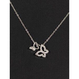 Silver Tone Double Butterfly CZ Charm Necklace‎ Dainty Boho 18"